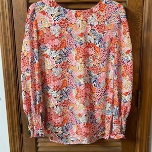 Women’s blouse size L pink, red, and purple floral design. Very classy